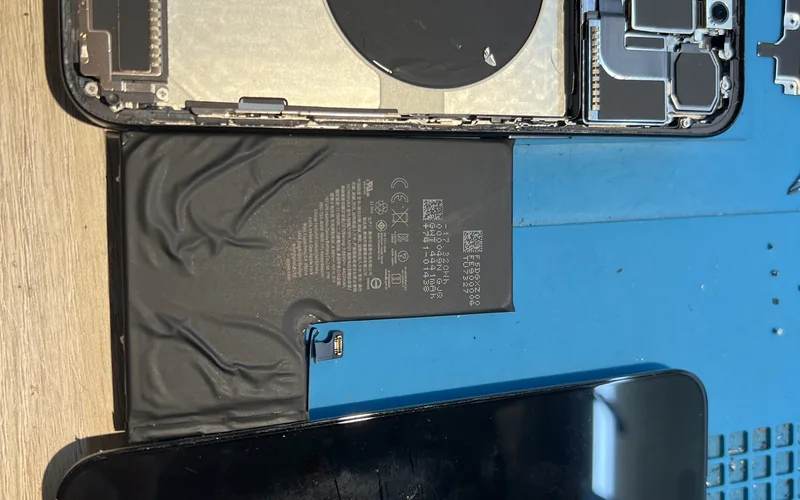 iPhone 15 Pro 更換電池，拆機取出的舊電池與機身內部