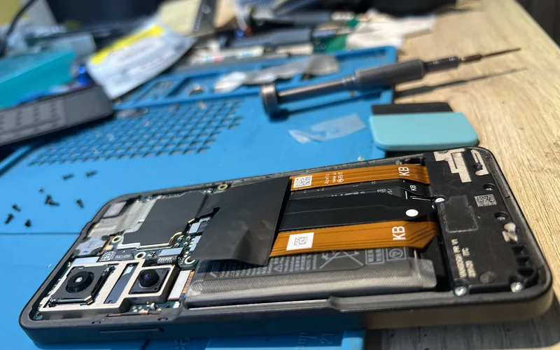 ASUS Zenfone 9 拆開背蓋後的內部，可見雙鏡頭模組、主機板與電池，電池上方橫跨橘色易拉膠條
